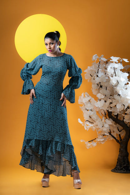 Cyan Geometric Print Tunic And Palazzo Pants - Khushboo Haran Borkar