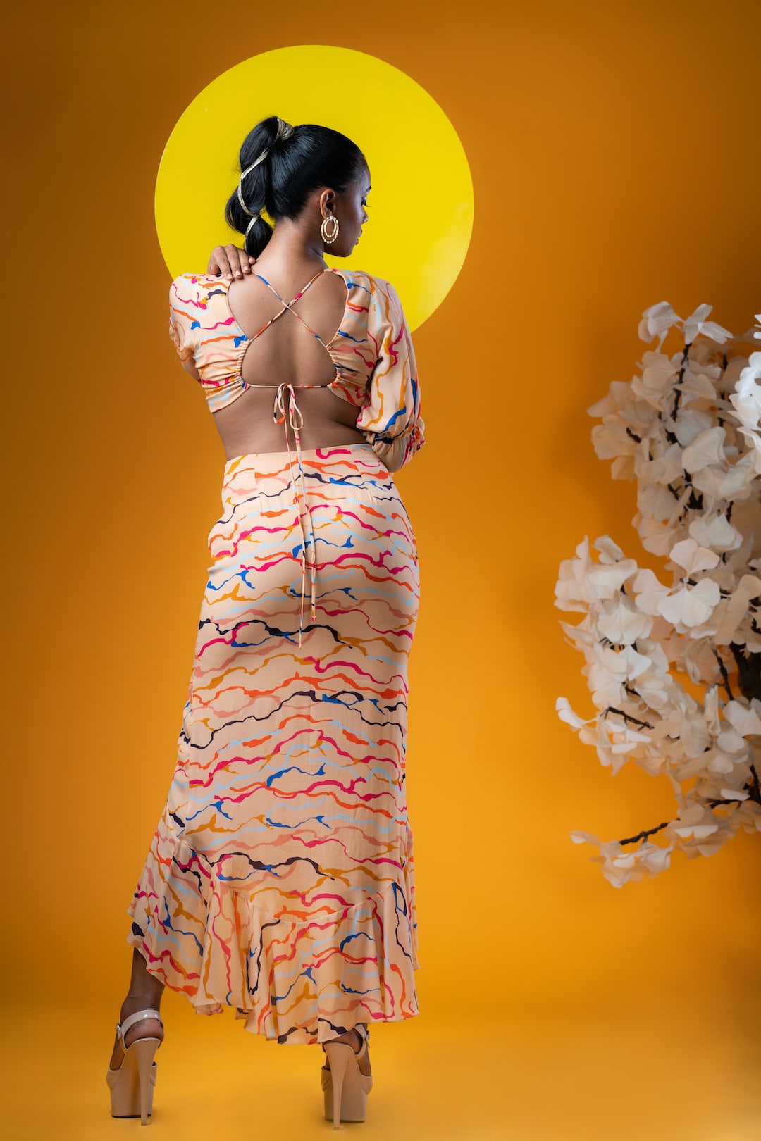 Backless Cream Top With Balloon Sleeves And Ruffle Skirt - Khushboo Haran Borkar